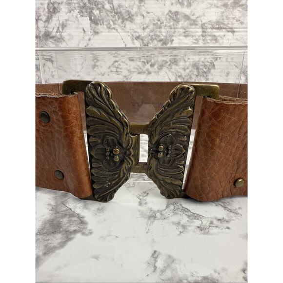 Massimo Dutti Boho Brown Pebbled Leather Wide Belt Size 28 Brass Floral Buckle - Picture 2 of 9